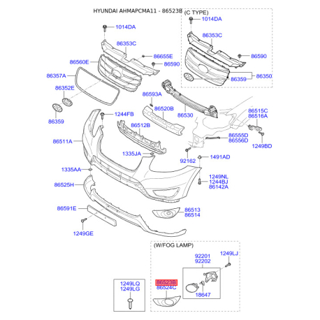 Облицовка, противотуманная фара левая 86523-2B700 Mobis - 865232B700 - схема с каталога 86523B, AHMAPCMA11 865232B700