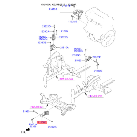 Подушка двигателя 21950-1R500 Mobis - 219501R500 - схема с каталога 21950R, KEURPSB15 219501R500