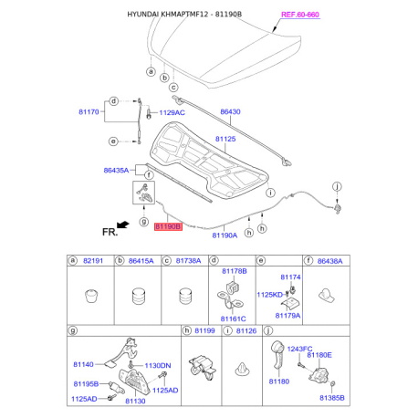 Тросик замка капота 81190-2S100 Mobis - 811902S100 - схема с каталога 81190B, KHMAPTMF12 811902S100