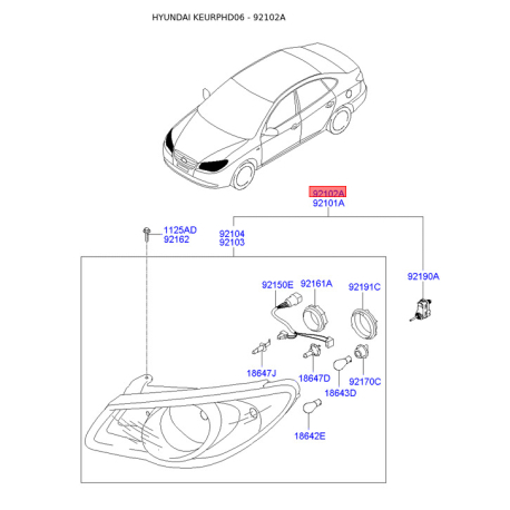 Фара основная правая 92102-2H021 Mobis - 921022H021 - схема с каталога 92102A, KEURPHD06 921022H021