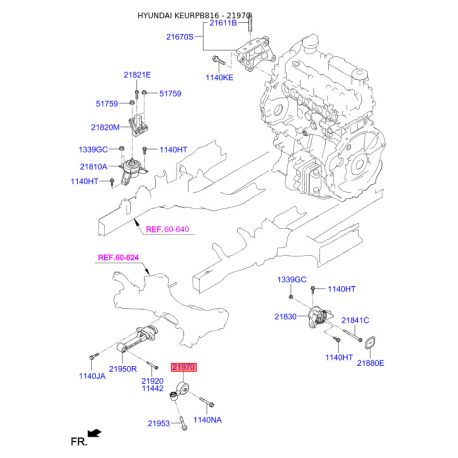 Подушка двигателя (опора) 21970-2W000 Mobis - 219702W000 - схема с каталога 21970, KEURPB816 219702W000