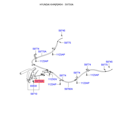 Трос стоянкової гальмівної системи 59750-2E000 Mobis - 597502E000 - схема з каталогу 59750A, KHMJPJM04 597502E000