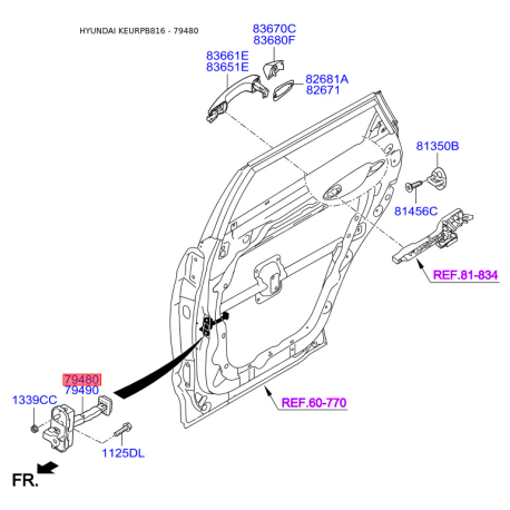 Фіксатор дверей лівий 79480-B8000 Mobis - 79480B8000 - схема з каталогу 79480, KEURPB816 79480B8000