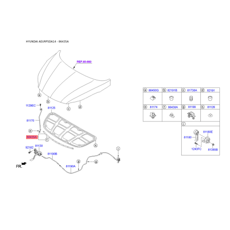 Ущільнювач капота 86435-3X000 Mobis - 864353X000 - схема з каталогу 86435A, AEURPSDA14 864353X000