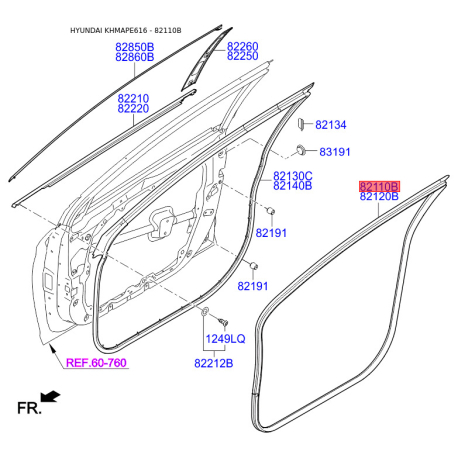 Уплотнитель (уплотнение) двери левый 82110-C1000TRY Mobis - 82110C1000TRY - схема с каталога 82110B, KHMAPE616 82110C1000TRY