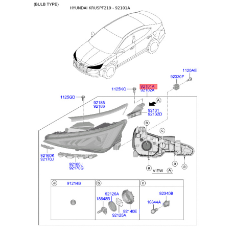 Фара основная левая 92101-F2500 Mobis - 92101F2500 - схема с каталога 92101A, KRUSPF219 92101F2500