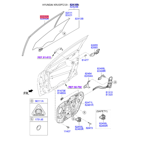 Ущільнювач (прокладка), бічне скло лівий 82530-F2000 Mobis - 82530F2000 - схема з каталогу 82530N, KRUSPF219 82530F2000