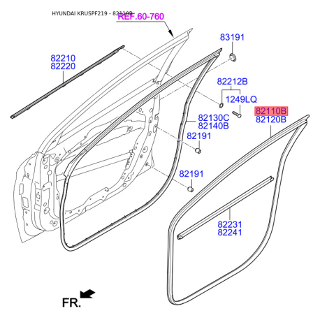 Уплотнитель (уплотнение) двери левый 82110-F20004X Mobis - 82110F20004X - схема с каталога 82110B, KRUSPF219 82110F20004X