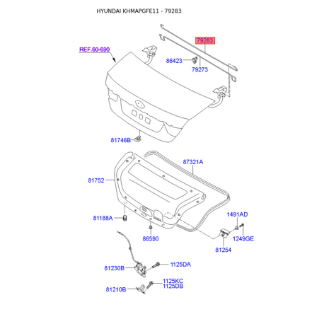 Торсион (пружина) крышки багажника (задней двери) правый 79283-3Q000 Mobis - 792833Q000 - схема с каталога 79283, KHMAPGFE11 792833Q000