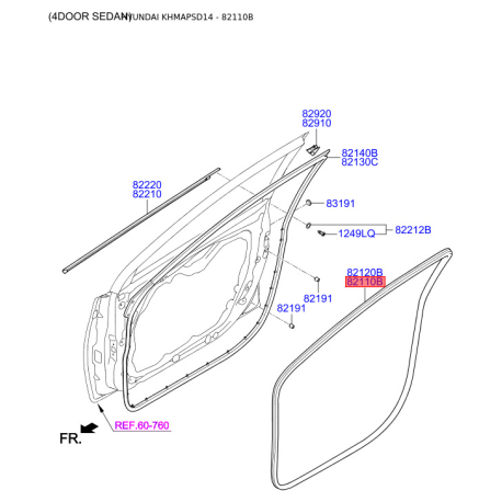 Ущільнення дверей ліве 82110-3X000 Mobis - 821103X000 - схема з каталогу 82110B, KHMAPSD14 821103X000