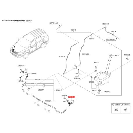 Адаптер, водяний насос омивача лівий 98671-2P000 Mobis - 986712P000 - схема з каталогу 98671D, KEURPXM09 986712P000