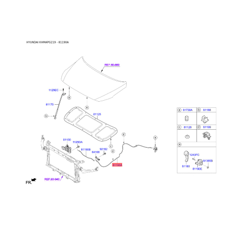 Тросик замка капота 81190-F2000 Mobis - 81190F2000 - схема с каталога 81190A, KHMAPG219 81190F2000