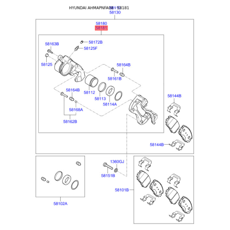 Супорт гальмівний без колодок правий 58190-3KA01 Mobis - 581903KA01 - схема з каталогу 58181, AHMAPNFA08 581903KA01