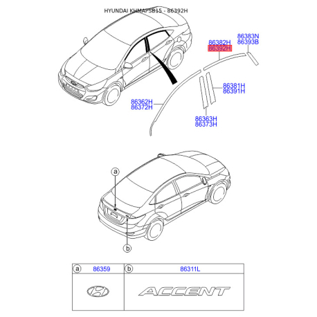 Облицовка / защитная накладка, боковина правая верхняя 86392-1R000 Mobis - 863921R000 - схема с каталога 86392H, KHMAPSB15 863921R000