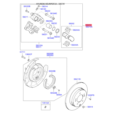 Суппорт тормозной в сборе правый 58230-3S200 Mobis - 582303S200 - схема с каталога 58230, KEURPGF10 582303S200