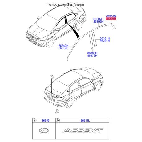 Облицовка / защитная накладка, боковина задняя правая 86393-1R000 Mobis - 863931R000 - схема с каталога 86393B, KHMAPSB15 863931R000