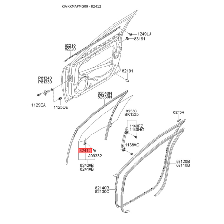Тримач скла дверей 82412-2D000 Mobis - 824122D000 - схема з каталогу 82412, KKMAPMG09 824122D000