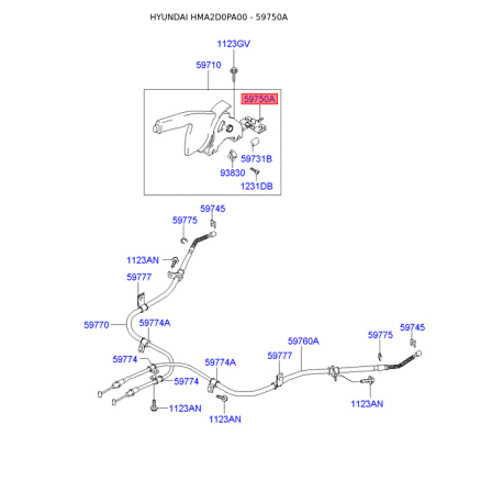 Трос стоянкової гальмівної системи 59750-2D500 Mobis - 597502D500 - схема з каталогу 59750A, HMA2D0PA00 597502D500