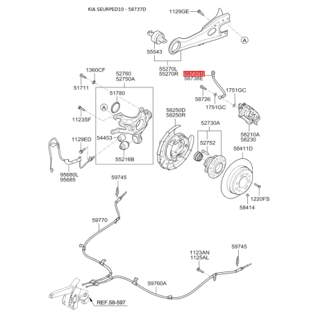 Шланг гальмівний задній лівий 58737-1H300 Mobis - 587371H300 - схема з каталогу 58737D, SEURPED10 587371H300
