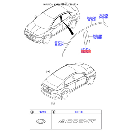 Облицовка / защитная накладка, боковина задняя правая 86373-1R010 Mobis - 863731R010 - схема с каталога 86373H, KHMAPSB15 863731R010