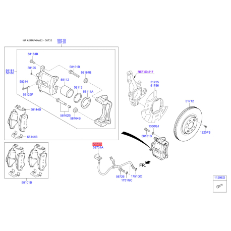Шланг гальмівний передній правий 58732-2P100 Mobis - 587322P100 - схема з каталогу 58732, AKMAPXMA12 587322P100