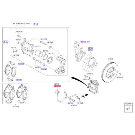 Шланг тормозной передний левый 58731-2P100 Mobis - 587312P100 - схема с каталога 58731A, AKMAPXMA12 587312P100