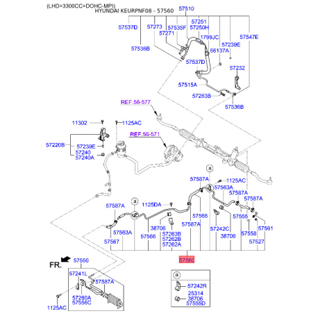 Гидравлический шланг(трубка), рулевое управление 57560-3K000 Mobis - 575603K000 - схема с каталога 57560, KEURPNF08 575603K000