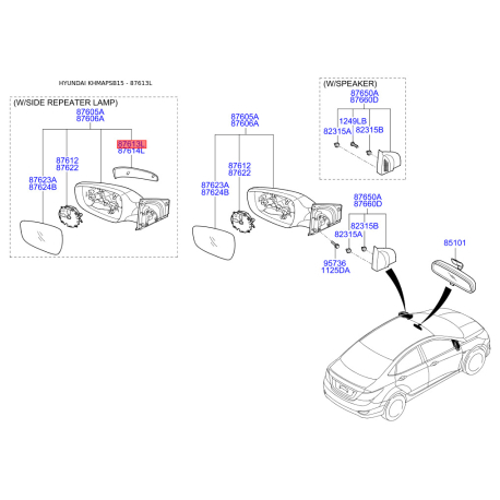 Повторитель поворотов на зеркале левый 87614-1R000 Mobis - 876141R000 - схема с каталога 87613L, KHMAPSB15 876141R000