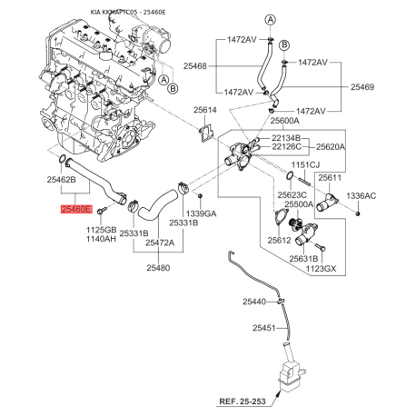 Трубка охолоджувальної рідини 25460-26000 Mobis - 2546026000 - схема з каталогу 25460E, KKMAPTC05 2546026000