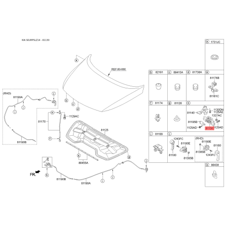 Замок капота 81130-3W000 Mobis - 811303W000 - схема з каталогу 81130, SEURPSLZ14 811303W000