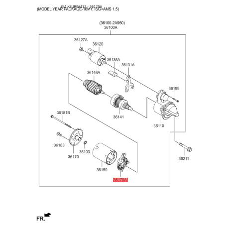 Вугільна щітка, стартер 36170-2B100 Mobis - 361702B100 - схема з каталогу 36170A, KEURPA412 361702B100