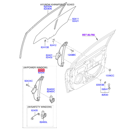 Підйомний пристрій для вікон лівий 82403-1R110 Mobis - 824031R110 - схема з каталогу 82403, KHMAPSB15 824031R110