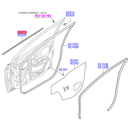 Ущільнення дверей ліве 82210-1R000 Mobis - 822101R000 - схема з каталогу 82210, KHMAPSB15 822101R000