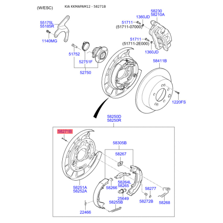 Штифт (солдатик) пружини притискної колодок стоянкового гальма 58271-37000 Mobis - 5827137000 - схема з каталогу 58271B 5827137000