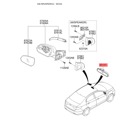 Внутрішнє дзеркало 85101-1M000 Mobis - 851011M000 - схема з каталогу 85101, RRUSPDXR12 851011M000