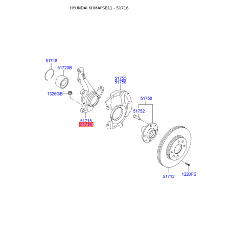Поворотный кулак, подвеска колеса правый 51716-1R500 Mobis - 517161R500 - схема с каталога 51716, KHMAPSB11 517161R500