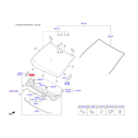 Облицовка передней панели (жабо) 86150-3X500 Mobis - 861503X500 - схема с каталога 86150A, KHMAPSD14 861503X500