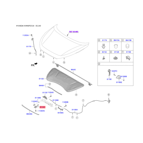Замок капота 81140-D3000 Mobis - 81140D3000 - схема з каталогу 81140, KHMAPD318 81140D3000