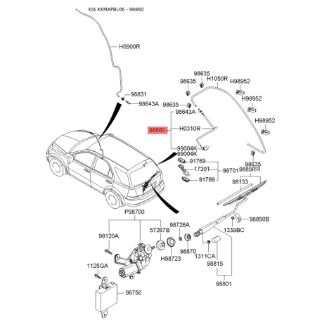 Кріплення молдинга даху 98930-3E110 Mobis - 989303E110 - схема з каталогу 98860, KKMAPBL06 989303E110