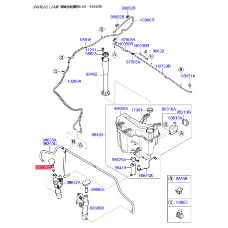 Розпилювач води для чищення, система очищення вікон правий 98450-3E500 Mobis - 984503E500 - схема з каталогу 98660R, KEURPBL06 984503E500