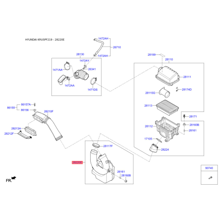Рукав воздухозаборника, воздушный фильтр 28220-F2000 Mobis - 28220F2000 - схема с каталога 28220E, KRUSPF219 28220F2000