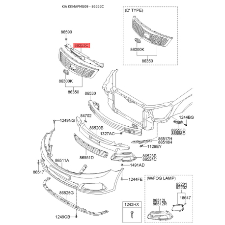 Решетка радиатора верхняя 86353-2G500 Mobis - 863532G500 - схема с каталога 86353C, KKMAPMG09 863532G500