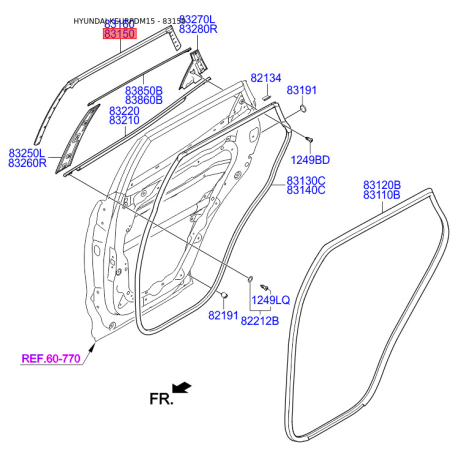 Уплотнитель (уплотнение) двери левый верхний 83150-2W000 Mobis - 831502W000 - схема с каталога 83150, KEURPDM15 831502W000