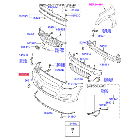 Бампер 86511-1R010 Mobis - 865111R010 - схема с каталога 86511A, KHMAPSB15 865111R010