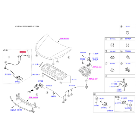 Тросик замка капота 81190-2W500 Mobis - 811902W500 - схема с каталога 81190A, KEURPDM15 811902W500