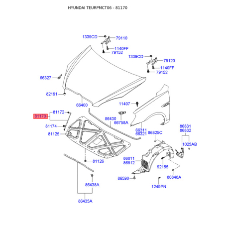 Упор капота и его крепление 81170-1E000 Mobis - 811701E000 - схема с каталога 81170, TEURPMCT06 811701E000