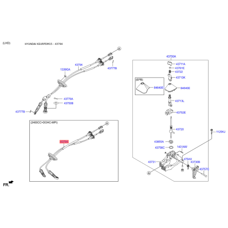Затискач (засувка) кронштейна троса КПП 43794-2W100 Mobis - 437942W100 - схема з каталогу 43794, KEURPDM15 437942W100