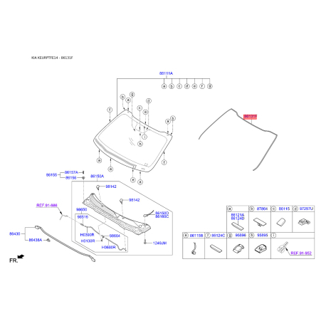 Молдинг (уплотнитель) лобового стекла 86130-2T000 Mobis - 861302T000 - схема с каталога 86131F, KEURPTFE14 861302T000