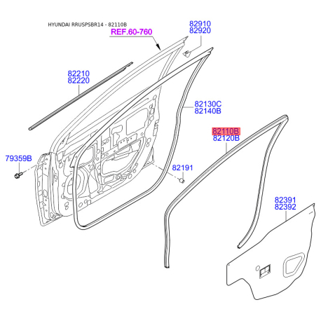 Уплотнитель (уплотнение) двери левый 82110-4L000 Mobis - 821104L000 - схема с каталога 82110B, RRUSPSBR14 821104L000