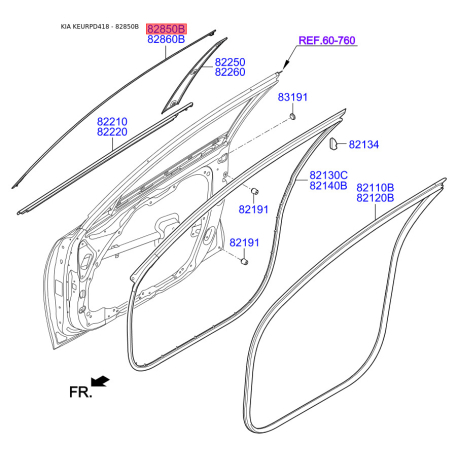 Уплотнитель (уплотнение) двери левый 82850-D4000 Mobis - 82850D4000 - схема с каталога 82850B, KEURPD418 82850D4000
